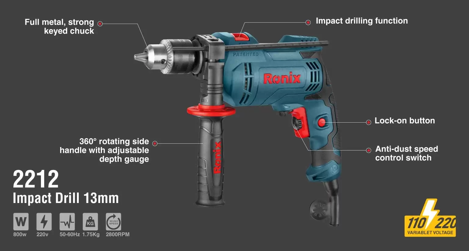 Ronix 800W 13mm Electric Impact Drill 2212