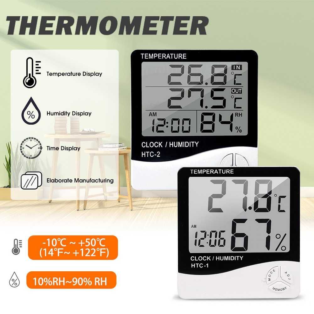 Clock Temperature & Humidity Meter Digital Hygrometer Indoor/Outdoor HTC-2