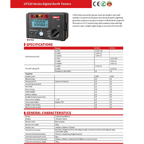 UNIT UT521 Digital Earth Tester Ground Resistance AC Earth Insulation Resistance Voltage Tester